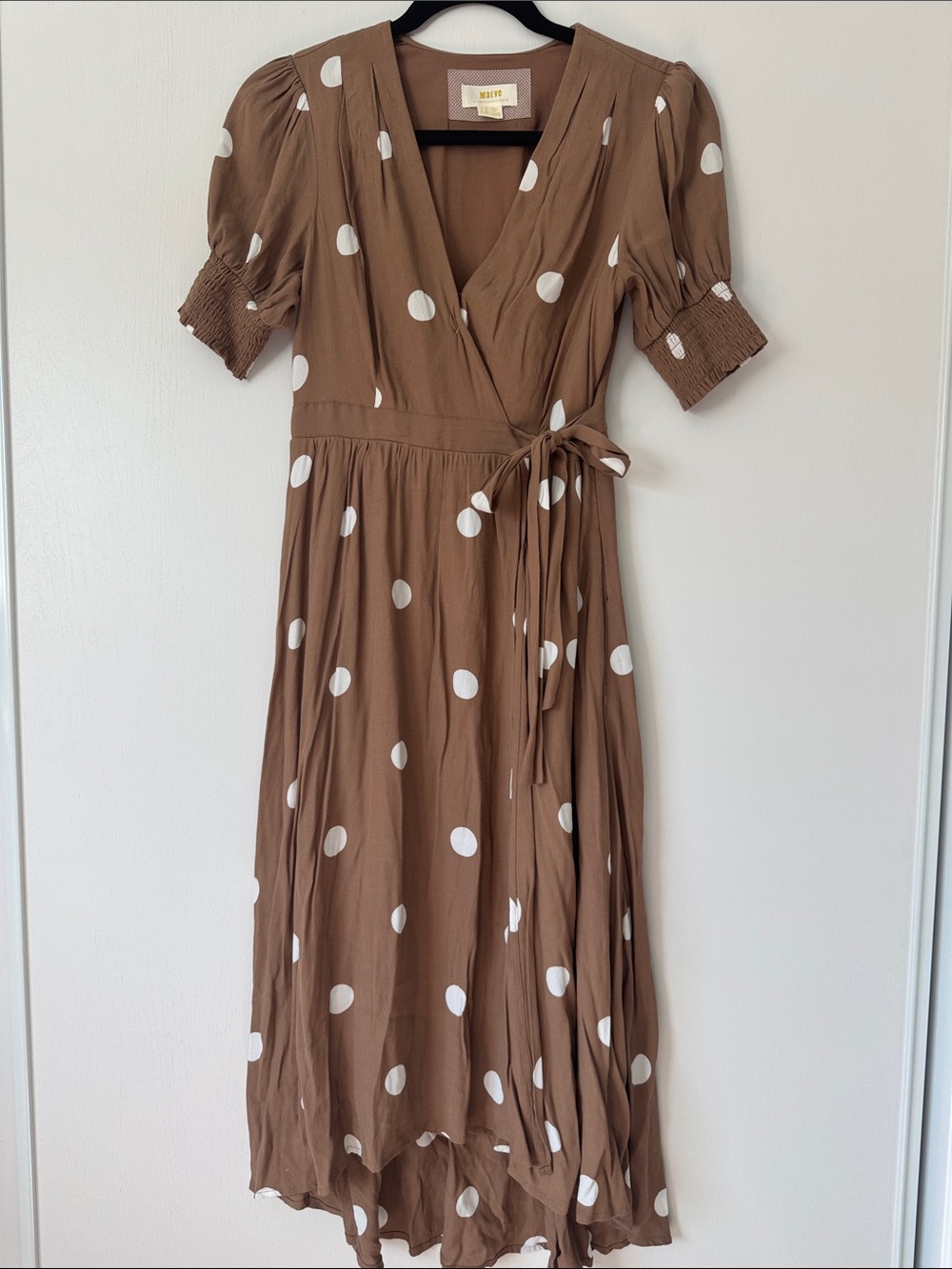 Maeve Brown and White Polka Dot Wrap Midi Dress